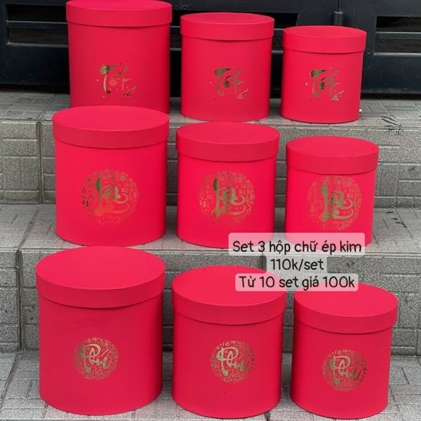 Set 3 Hộp Tròn Cắm Hoa Chữ Tết